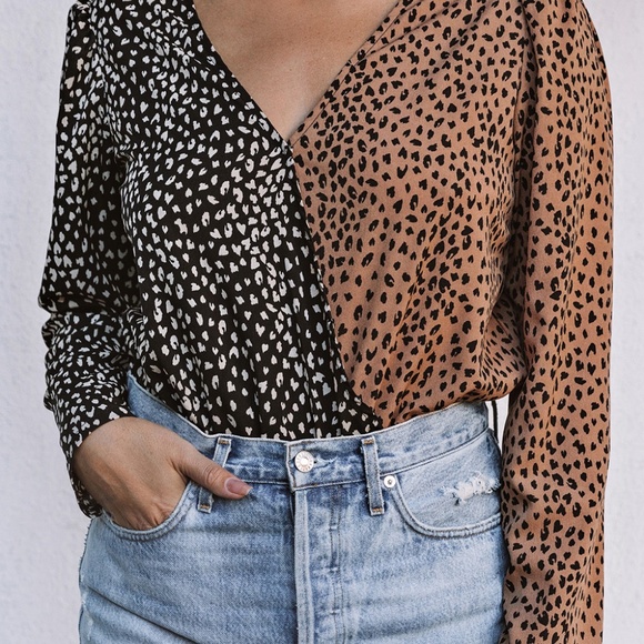 B058 Spliced Leopard Print Wrap Long Sleeve Bodysuit - Picture 2 of 4